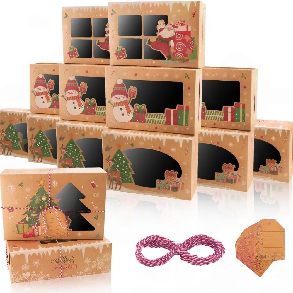 Christmas Kraft Window Cookie Gift Boxes, Set of 12 - Santa & Snowman Designs with Tie Cord