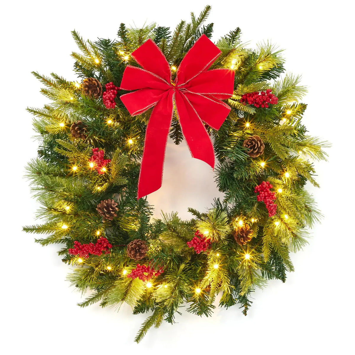 Pre-Lit Christmas Wreath, 24 in Battery Operated Front Door Wreath with 50 Warm White LEDs, Red Bow and Timer, Ships fro