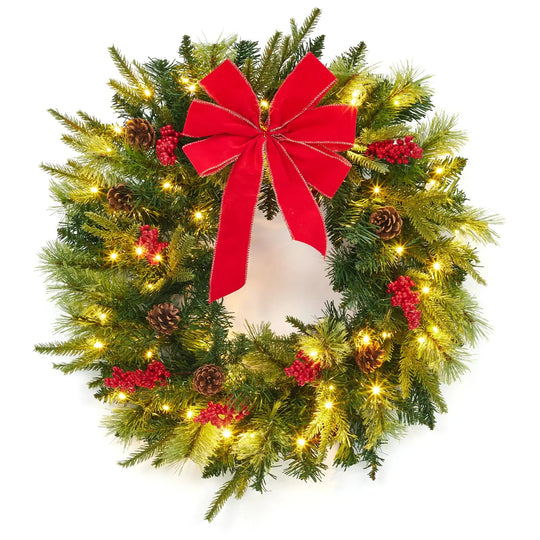 Pre-Lit Christmas Wreath, 24 in Battery Operated Front Door Wreath with 50 Warm White LEDs, Red Bow and Timer, Ships fro