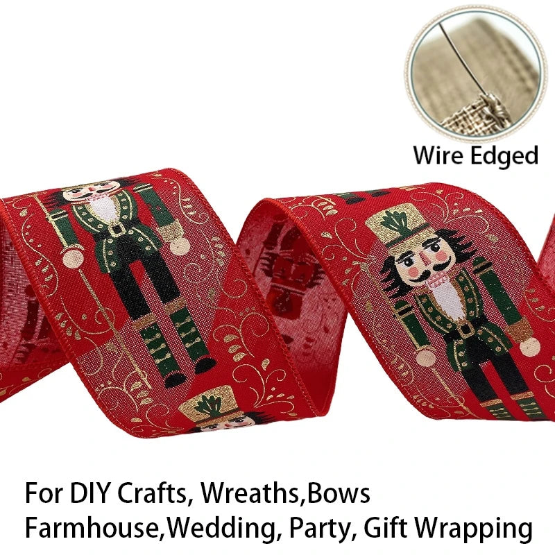 Nutcracker Print Wired Edge Christmas Ribbon, Red & Gold, 5 Meters