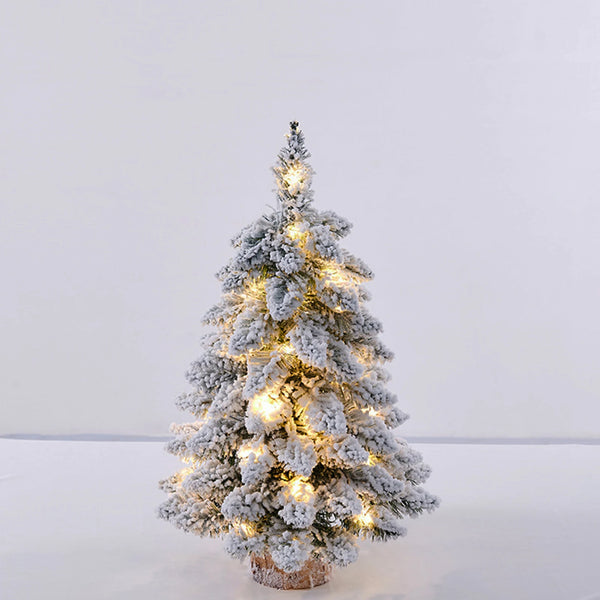 Mini Tabletop Christmas Tree with Lights, 18 in Snow Flocked with Wood Base