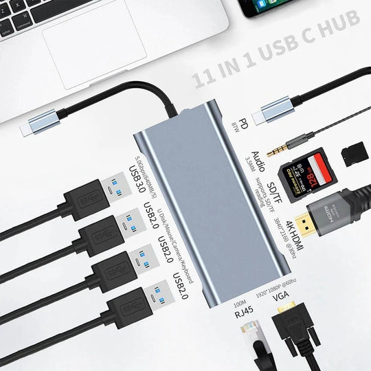 11-in-1 USB-C Hub Adapter with 4K HDMI, VGA, Ethernet, SD/TF and 100W PD