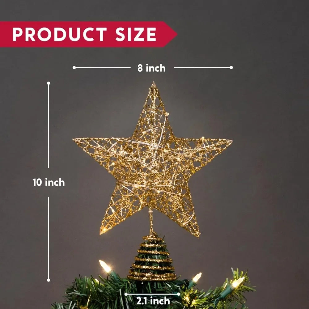 Gold Glitter Star Christmas Tree Topper, 10 Inch with 20 Warm White LED Lights, Battery Operated
