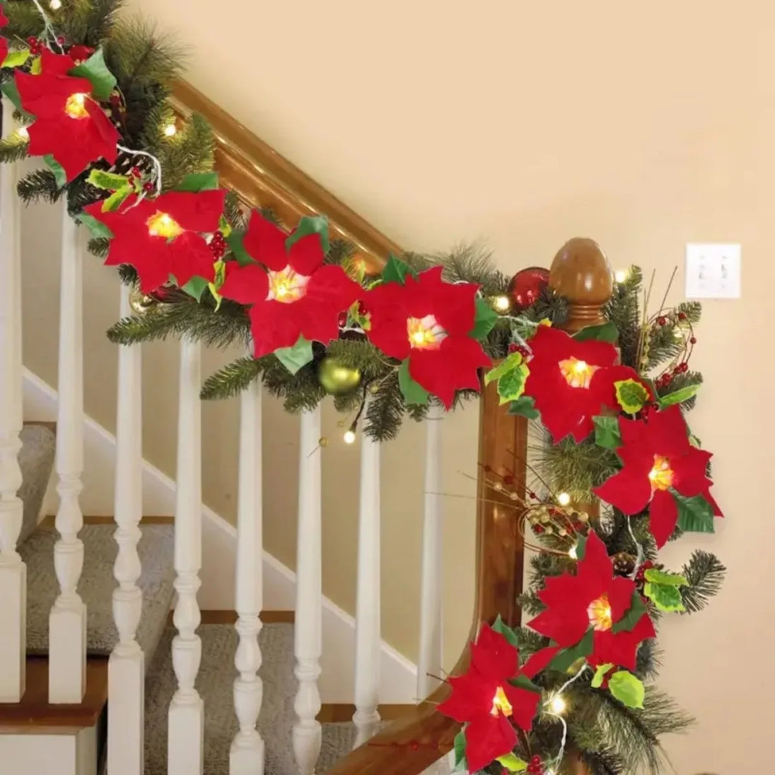 Lighted Poinsettia Christmas Garland, 9.8 ft String Lights with 20 Warm White LEDs, Battery Operated