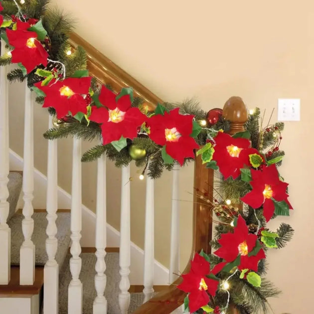 Lighted Poinsettia Christmas Garland, 9.8 ft String Lights with 20 Warm White LEDs, Battery Operated