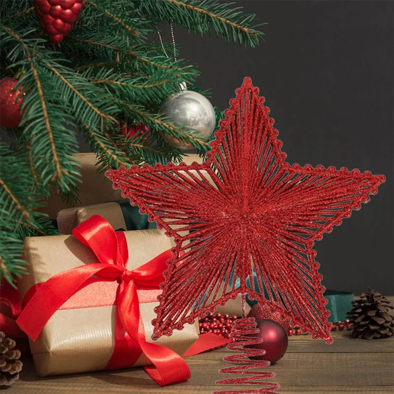 Red Glitter Star Christmas Tree Topper, 10 in with Coil Base