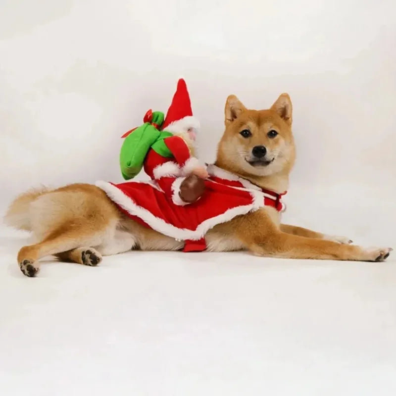 Santa Rider Christmas Dog Costume, Size XL, Red Fleece Outfit with Santa Riding on the Back