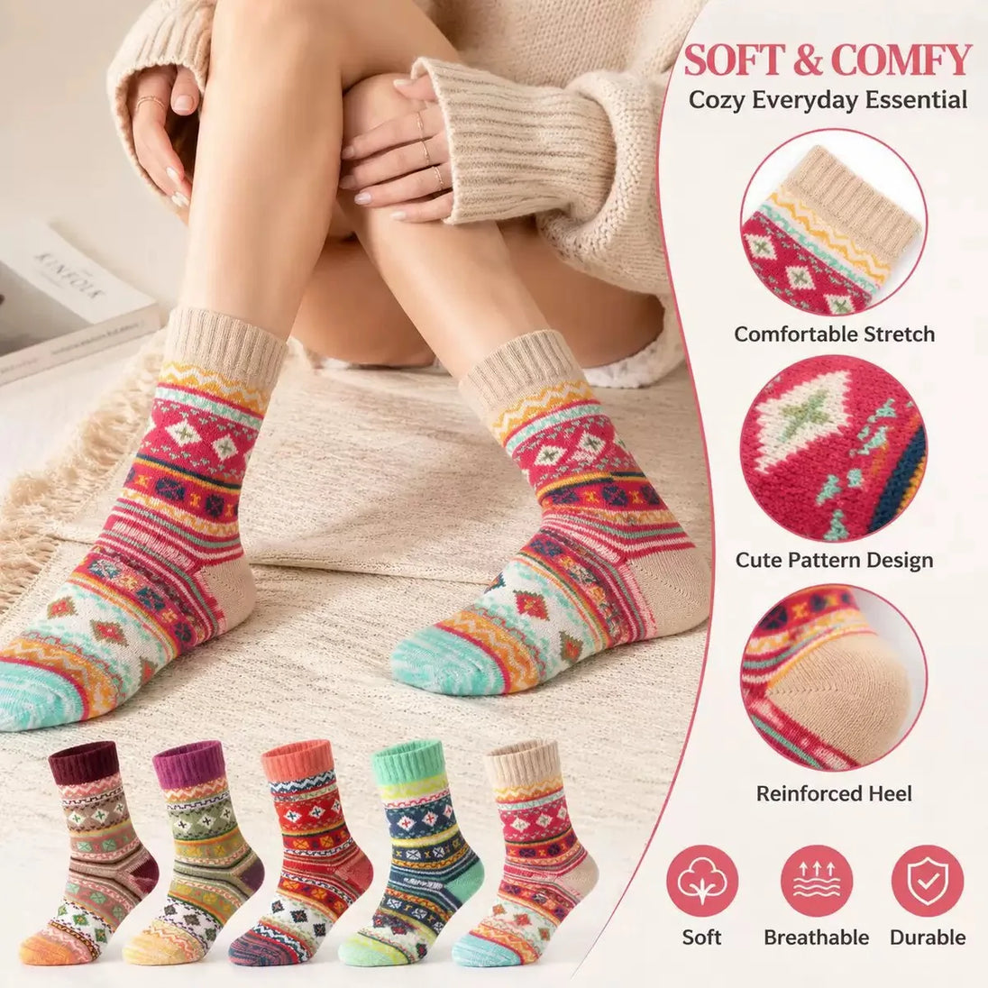 5 Pairs Soft Christmas Socks Gift Set, Assorted Holiday Patterns