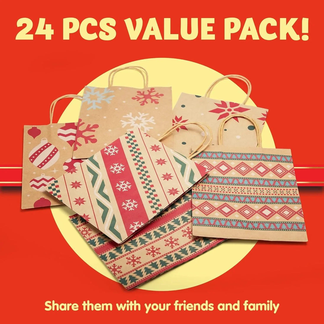 Christmas Kraft Paper Gift Bags with Handles, Assorted Prints, 24 Pack
