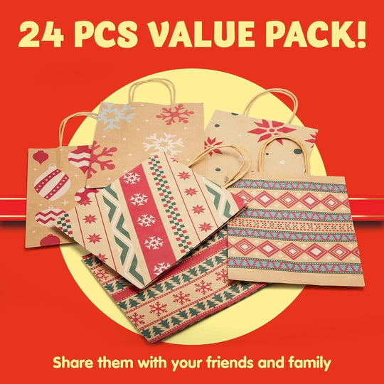 Christmas Kraft Paper Gift Bags with Handles, Assorted Prints, 24 Pack