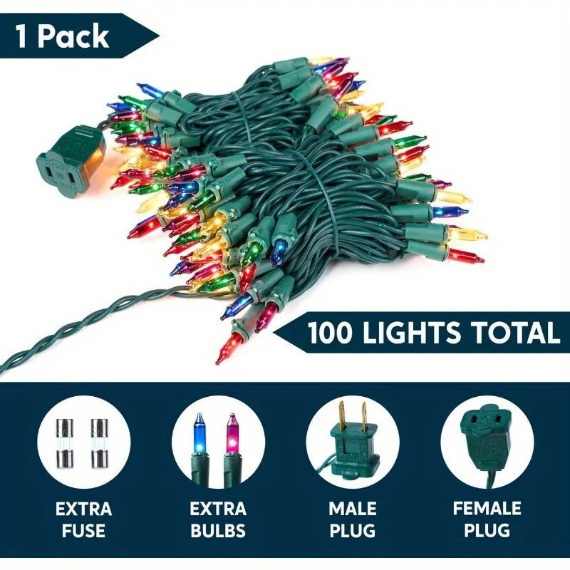 100-Count Multicolor Mini Christmas String Lights, 21.4 ft Green Wire, Plug-In