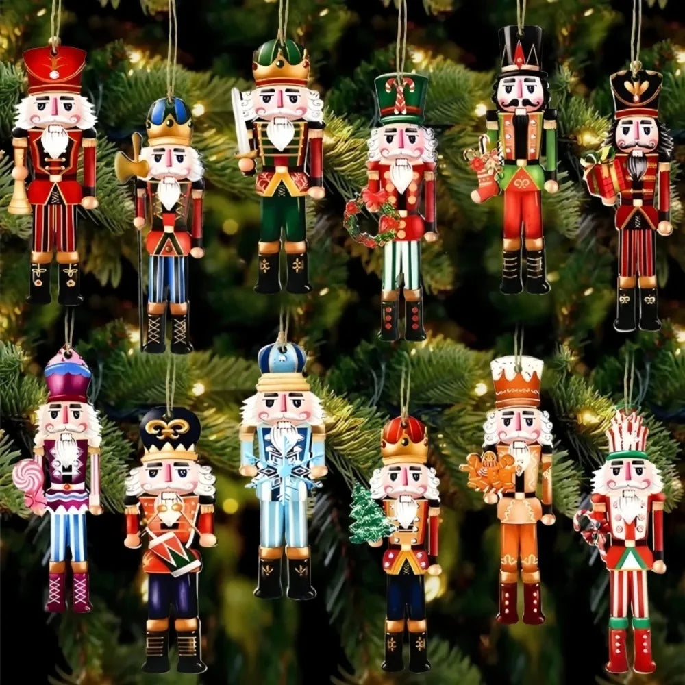 Nutcracker Christmas Ornaments, Set of 12 Wooden Soldier Hanging Decorations for the Tree and Party Favors