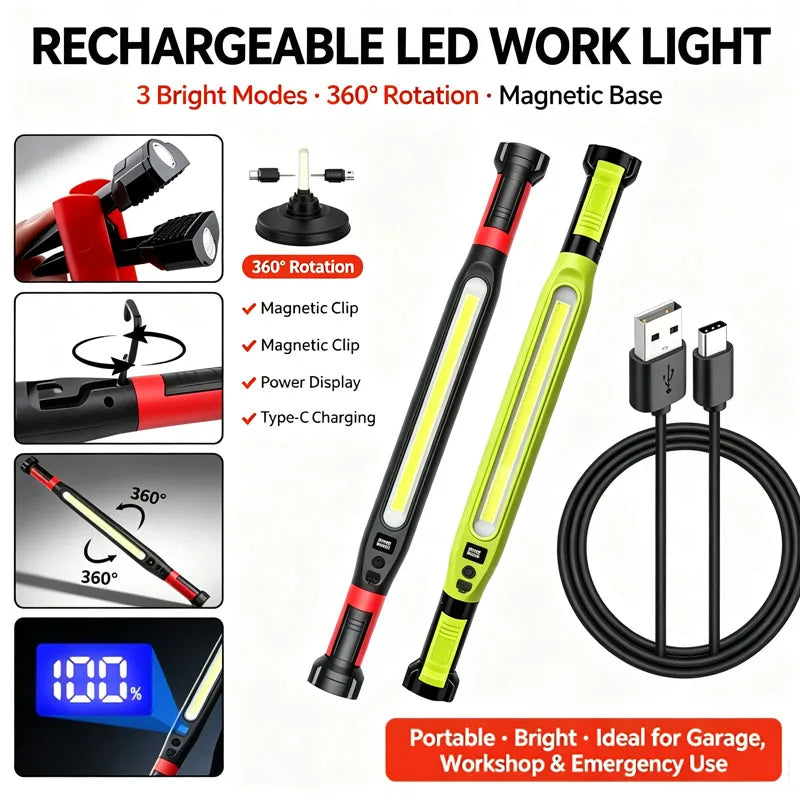 Rechargeable Magnetic LED Work Light Bar for Car Repair and Garage, with Hooks