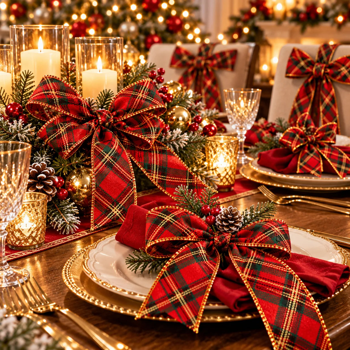 Red & Green Plaid Wired Christmas Ribbon with Gold Edge, 2.5in x 2 Yards
