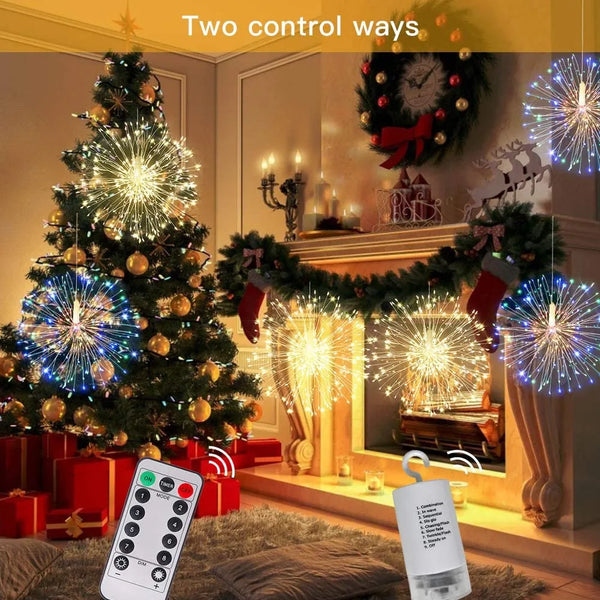 Christmas Firework Starburst Light, 200 LED Hanging Fairy Light with Remote, Battery Powered