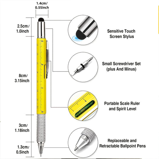 Multi-Tool Pen with Spirit Level, Ruler, Screwdrivers and Stylus
