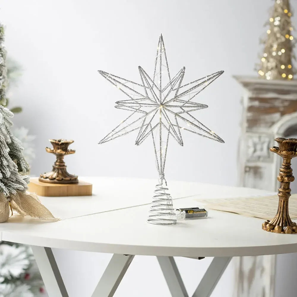 Lighted Christmas Tree Topper Star, Battery Operated LED, Silver Glitter Wire