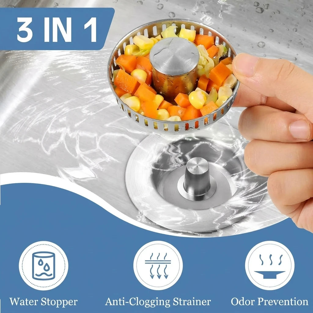 3-in-1 Stainless Steel Kitchen Sink Strainer with Pop-Up Stopper