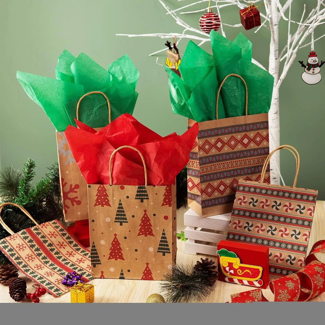 Christmas Kraft Paper Gift Bags with Handles, Assorted Prints, 24 Pack