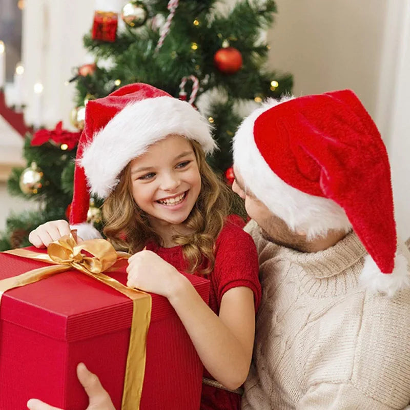 Plush Christmas Santa Hat for Adults, Red with Thick White Trim and Pom-Pom