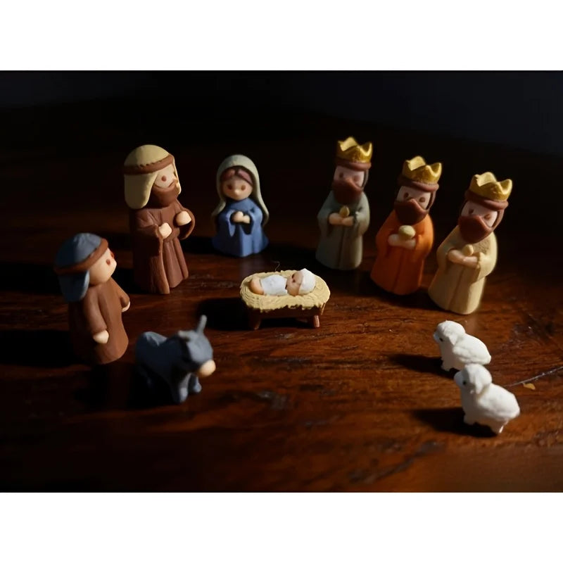 Pocket Mini Nativity Set in Tin Box, 10-Piece Miniature Christmas Manger Scene with Starry Lid