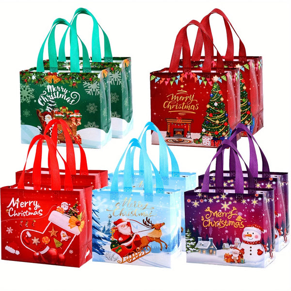 Reusable Christmas Gift Bags with Handles, 10 Pack, 9 x 8.6 in Non-Woven Tote Bags in 5 Designs
