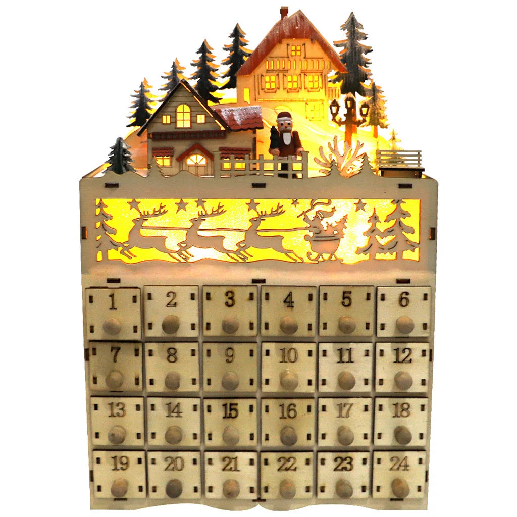 Wooden Christmas Advent Calendar with 24 Drawers and LED Lighted Village Scene