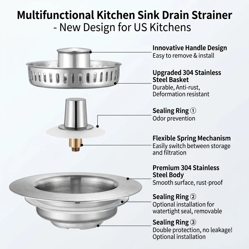 3-in-1 Stainless Steel Kitchen Sink Strainer with Pop-Up Stopper