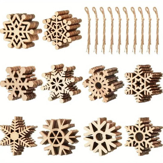 Wooden Snowflake Christmas Ornaments, 100 Pieces, 2 in Unfinished Cutouts with Hanging Cords