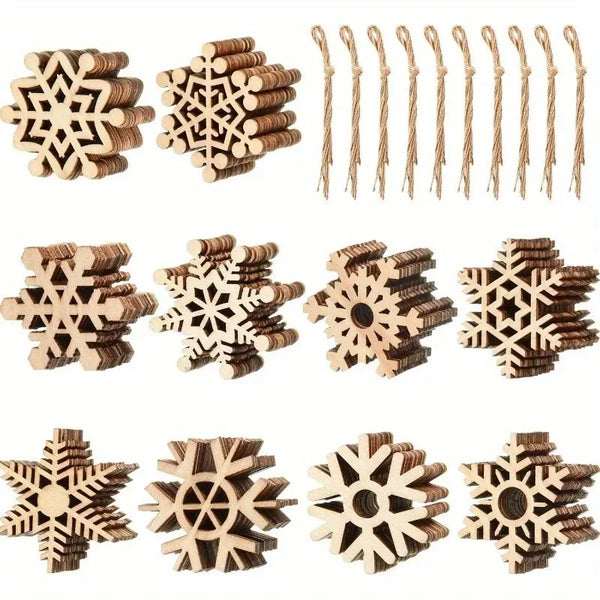 Wooden Snowflake Christmas Ornaments, 100 Pieces, 2 in Unfinished Cutouts with Hanging Cords