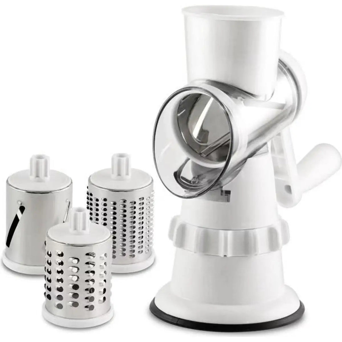 Rotary Cheese Grater with 3 Stainless Steel Drums and Suction Base