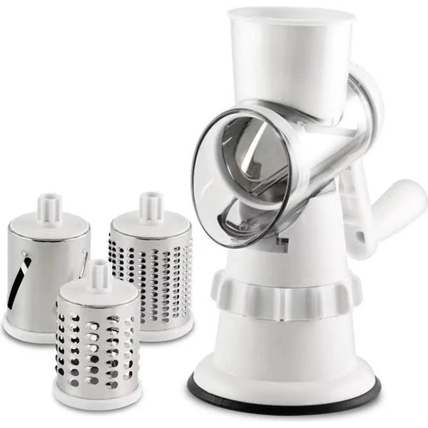 Rotary Cheese Grater with 3 Stainless Steel Drums and Suction Base
