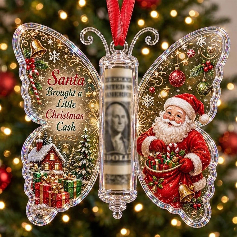 Christmas Cash Gift Butterfly Ornament, Clear Acrylic Money Holder for the Tree, Santa Design
