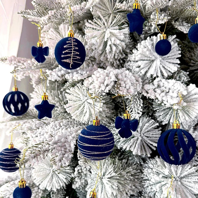 Navy Blue Velvet Christmas Ornament Set, 35 Assorted Balls, Stars and Bows for the Tree