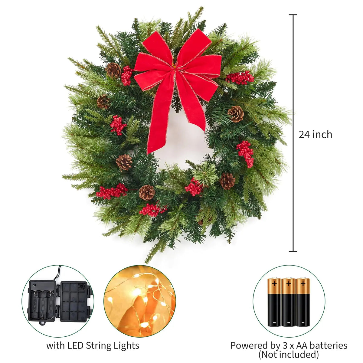 Pre-Lit Christmas Wreath, 24 in Battery Operated Front Door Wreath with 50 Warm White LEDs, Red Bow and Timer, Ships fro