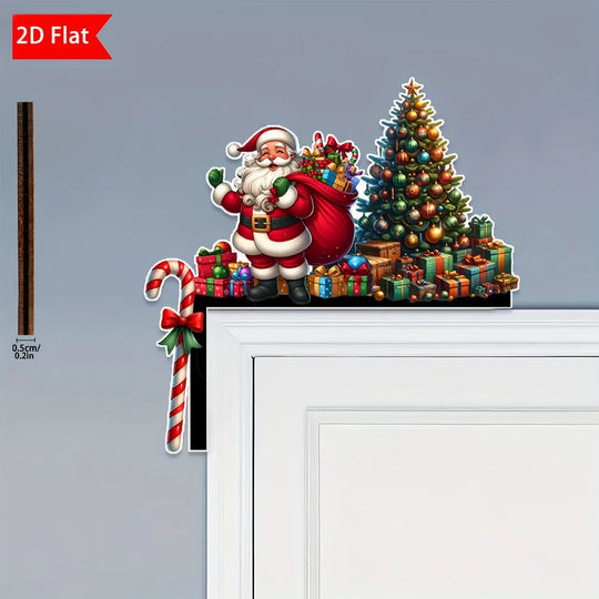 Christmas Door Frame Corner Sign, Flat Wooden Santa and Tree Door Topper Decoration, Left Corner