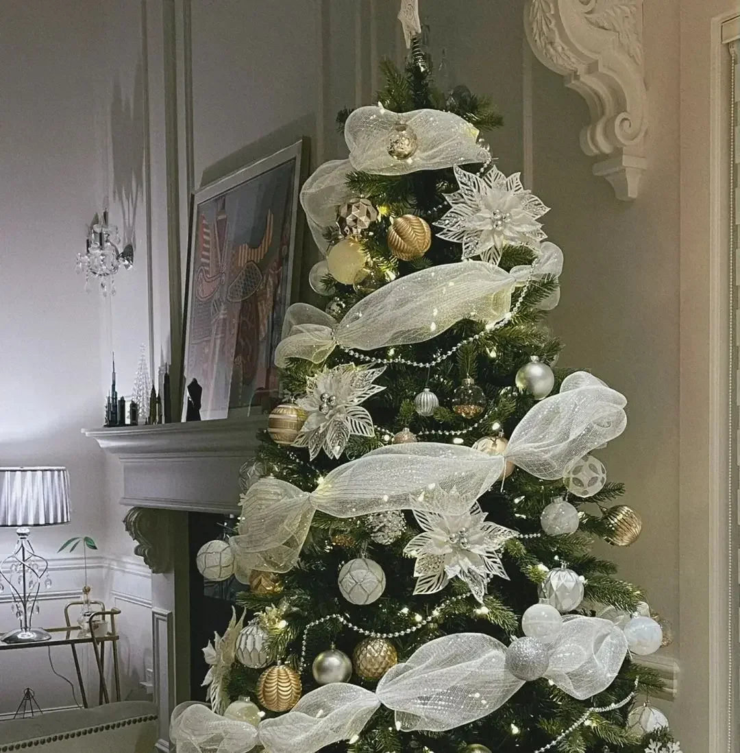 White and Gold Deco Mesh Ribbon for Christmas Tree and Wreaths, 10 in x 10 Yard Roll