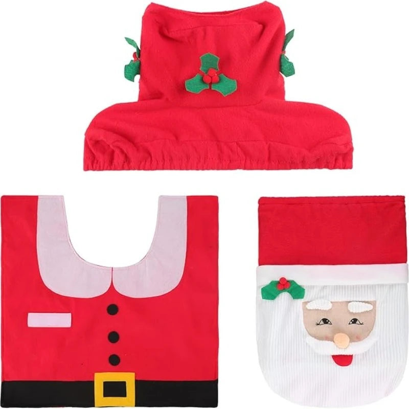Santa Christmas Bathroom Set, 3 Pieces: Toilet Lid Cover, Contour Rug and Tank Cover with Tissue Holder