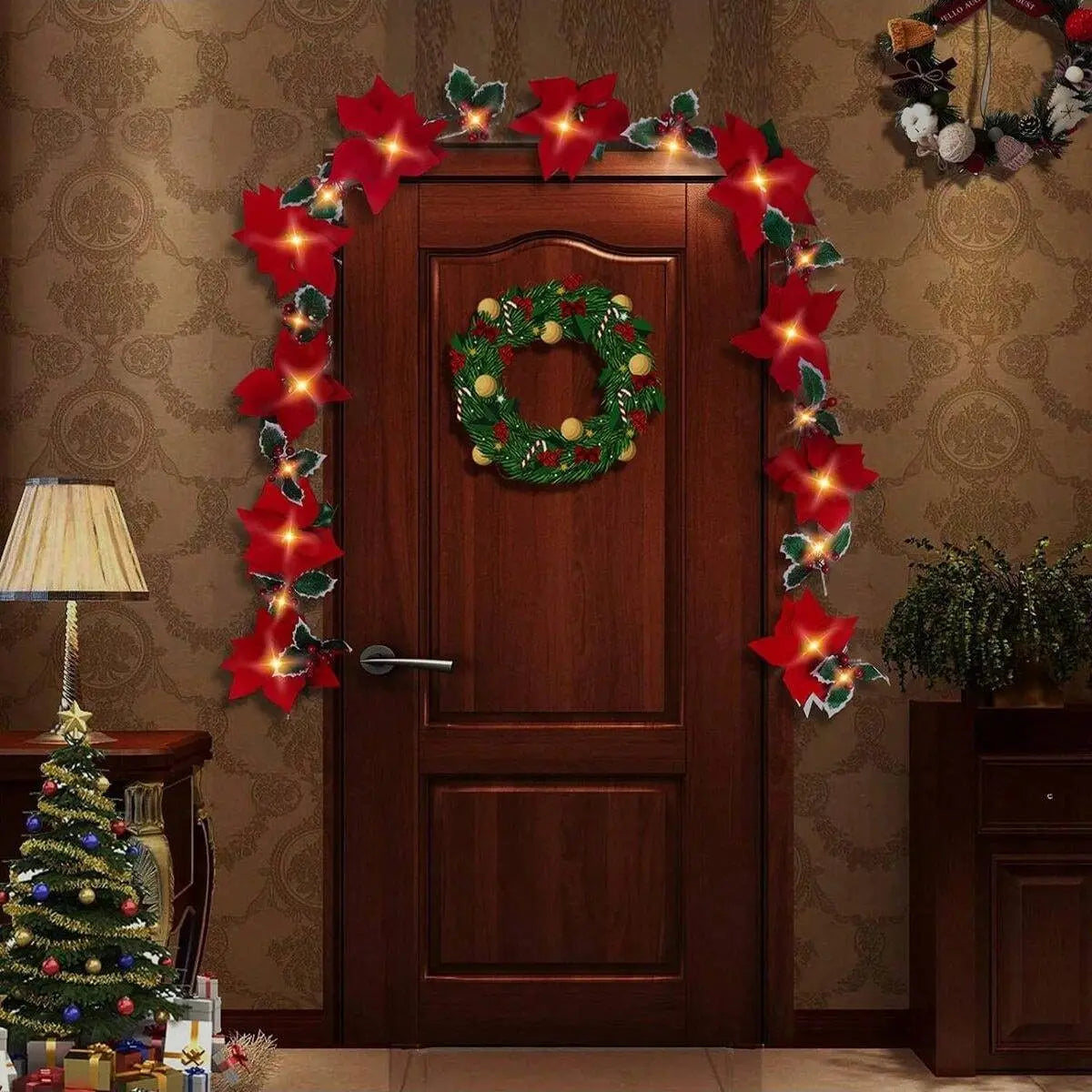 Lighted Poinsettia Christmas Garland, 9.8 ft String Lights with 20 Warm White LEDs, Battery Operated