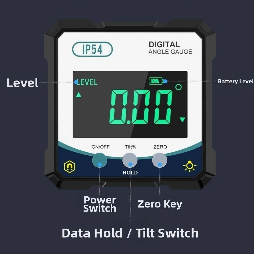 Magnetic Digital Angle Gauge Inclinometer, 4x90° with Backlit LCD
