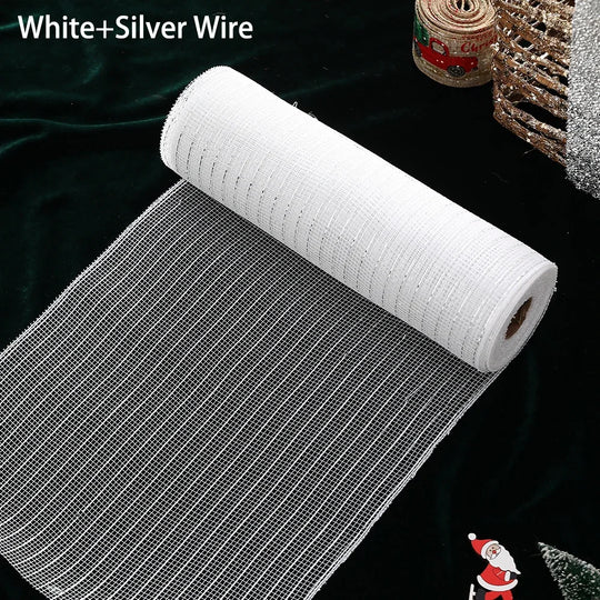 White and Silver Deco Mesh Ribbon for Christmas Tree and Wreaths, 10 in x 10 Yard Roll