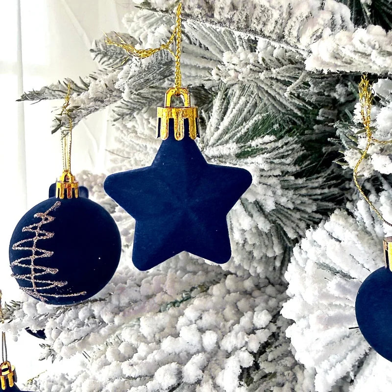 Navy Blue Velvet Christmas Ornament Set, 35 Assorted Balls, Stars and Bows for the Tree