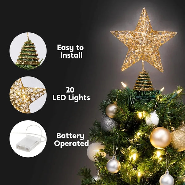 Gold Glitter Star Christmas Tree Topper, 10 Inch with 20 Warm White LED Lights, Battery Operated