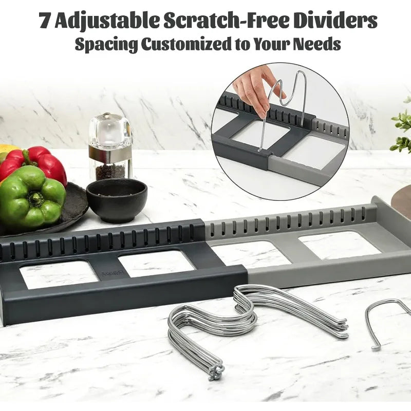 Expandable Pan and Lid Organizer Rack for Kitchen Cabinets with 7 Adjustable Dividers