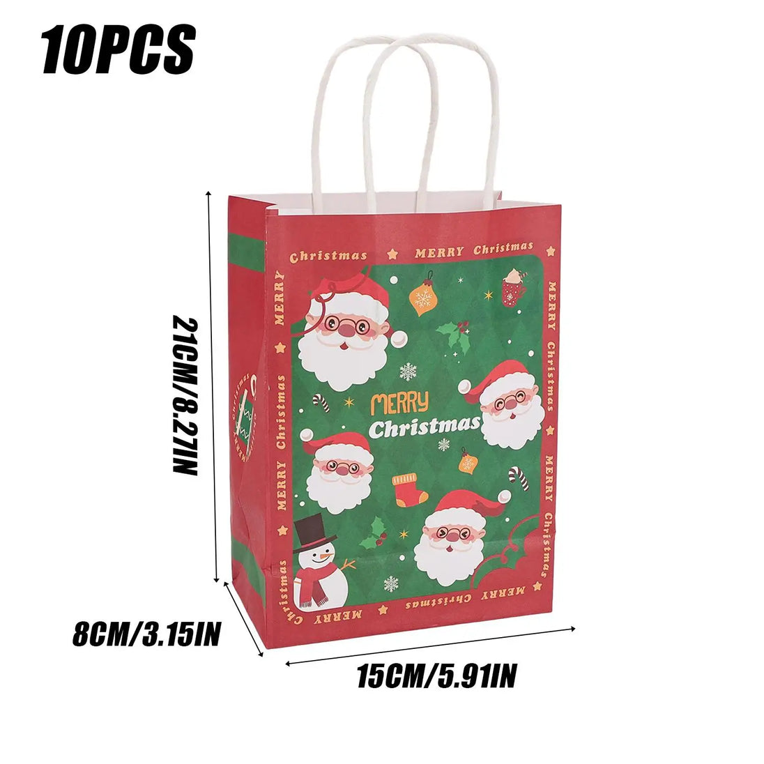 Christmas Kraft Paper Gift Bags with Handles, Santa & Snowman Print, 10 Pack