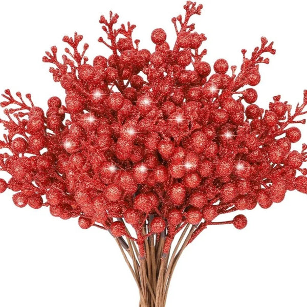 Red Glitter Berry Stems for Christmas Tree, Wreath and Garland, Pack of 10 Picks