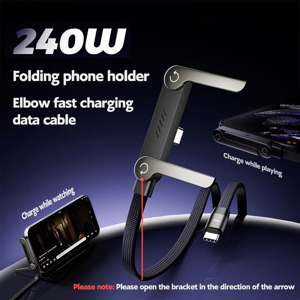Right-Angle USB-C Phone Charger Cable with Built-In Stand, 5 ft Flat Braided