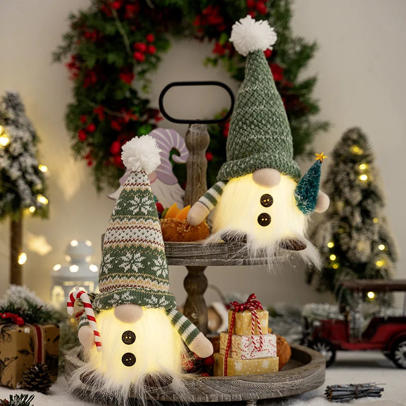Light-Up Christmas Gnomes, Set of 2, 12 in Plush Gnomes with Green Knit Hats and LED Glow