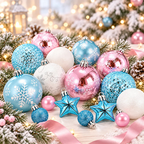 Light Blue, Pink and White Christmas Ornament Set, 44 Shatterproof Balls and Stars for a Winter Wonderland Tree