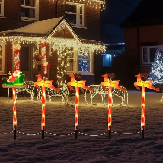 Solar Santa Sleigh and Reindeer Stake Lights, 5-Piece Christmas Pathway Light Set for Yard and Walkway